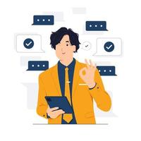 Approved gesture, Ok sign with Smiling Businessman wearing suit standing while holding mobile phone and showing thumbs up concept illustration vector