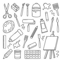 Hand drawn set of artist tools doodle. Art supplies in sketch style. Easel, brushes, paint, pencils. Vector illustration isolated on white background.