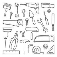 Hand drawn set of construction tools doodle Different working and building tools in sketch style. Saw, hammer, wrench, screw, drill. Vector illustration isolated on white background.