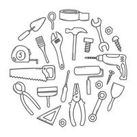 conjunto dibujado a mano de herramientas de construcción doodle diferentes herramientas de trabajo y construcción en estilo boceto. sierra, martillo, llave inglesa, tornillo, taladro. ilustración vectorial aislado sobre fondo blanco. vector