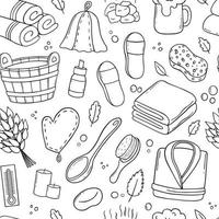 Hand drawn seamless pattern of sauna and bath doodle.  Sauna accessories. Bathrobe, towel, soap, bucket, hat in sketch style. Hand drawn vector illustration.