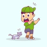 Cute boy play with cat, cute boy surprised with cute cat vector