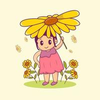Happy Cute Girl holding big sunflower illustration vector