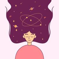 Woman meditating with universe mind, space in hair, Meditation mindfulness dreaming illustration vector