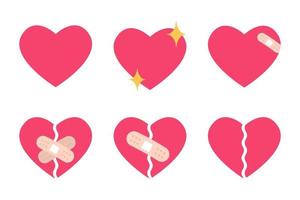 Heart shape set, broken heart and crack fixed with bandage. breakup and heartbreak symbol. vector