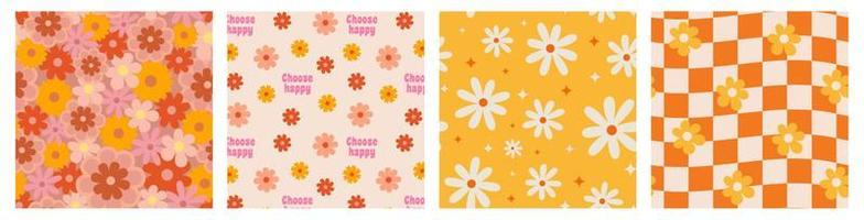 1970 Daisy Flowers Seamless Pattern Set vector