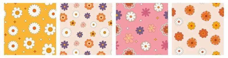 1970 Daisy Flowers Seamless Pattern Set vector