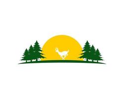 Pine forest with running deer and sunset behind vector
