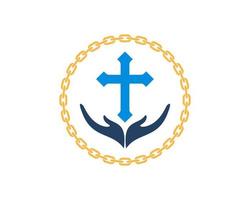 Circular chain with hand and religion cross inside vector