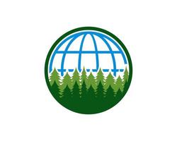 forma de círculo con bosque de pinos y globo dentro vector