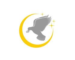 Flying dove on the crescent moon logo vector