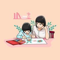 Mother helps her daughter paint flowers vector illustration free download