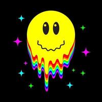 Melting smiley face, trippy sticker. Acid rave isolated object for poster, graphic tee print, card. Y2K aesthetic. vector