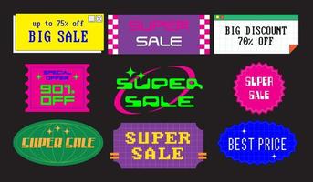 Y2k sale sticker pack. Cool trendy discount labels. Vector special offer badges.