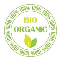 Signo de vector 100 por ciento bio orgánico. insignia de etiqueta de comida orgánica vegetariana con hoja. símbolo vegano natural verde