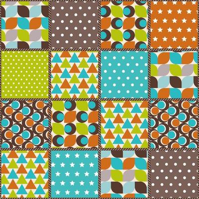 Mid century modern patchwork pattern. Quilt design from stitched squares. Colorful background for bedding, tablecloth, oilcloth or other textile design in retro style