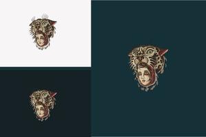 cabeza, tigre, y, cara, mujeres, vector, ilustración, diseño vector