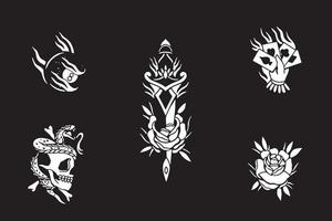 conjunto de adornos vectoriales de cráneo, serpiente, espada, flor y diseño de póquer de cartas de mano, conjunto de logotipos vector
