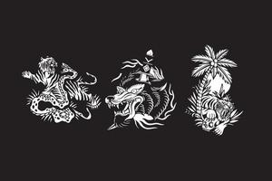 tigre de tatuaje blanco y negro, serpiente y lobo de cabeza, ilustración vectorial de diseño de logotipo vector
