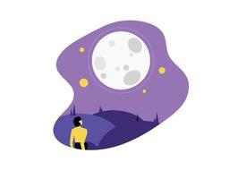 girl looking at moon flat design vector