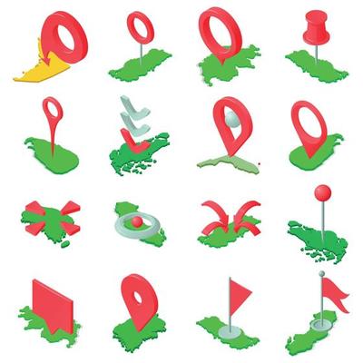Mark the map icons set, isometric style