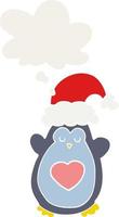 lindo pingüino navideño y burbuja de pensamiento en estilo retro vector