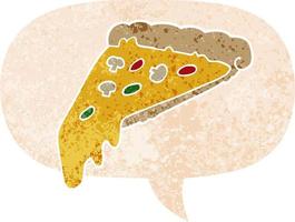 rebanada de pizza de dibujos animados y burbuja de habla en estilo retro texturizado vector