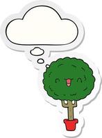 cartoon happy tree and thought bubble as a printed sticker vector