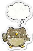 cute cartoon owl and thought bubble as a distressed worn sticker vector