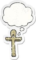 cartoon ankh symbol and thought bubble as a distressed worn sticker vector