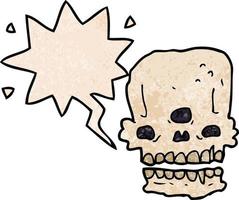 cartoon spooky skull and speech bubble in retro texture style vector