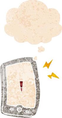cute cartoon mobile phone and thought bubble in retro textured style