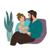 Time together concept - couple in love sitting on couch, talking and eating. Romantic diner at home, human relationships and communication. Date at home and recreation. Flat vector illustration.