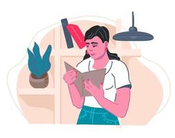 plantilla de banner para el concepto de lectura y educación de libros con una mujer sosteniendo un libro abierto en las manos. aprenda y adquiera conocimientos, biblioteca y diversión de libros leyendo ilustraciones vectoriales planas. vector