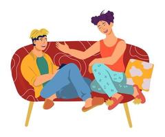 Man and woman cartoon characters, couple or roommates sitting on coach and talking, having conversation. Rest at home, communication and recreation. Flat vector illustration isolated on background.