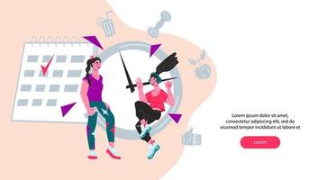 Personal fitness coaching and sport workout training web banner template with sportive young women. Weight control and dieting mobile app interface or landing page. Flat cartoon vector illustration.