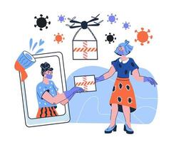 Safe delivery from internet store on drones in epidemic of coronavirus banner with people characters in masks and gloves getting mailbox. Quarantine in Covid infection. Cartoon vector illustration.