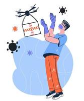 entrega segura sin contacto de drones durante la epidemia de pancarta de coronavirus con un hombre con máscara y guantes recibiendo el buzón. cuarentena y autoaislamiento en caso de infección por covid, ilustración vectorial. vector