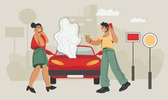 Car service and roadside assistance concept with woman in panic after road accident and man calling online support. Field car repair service. Flat vector illustration.