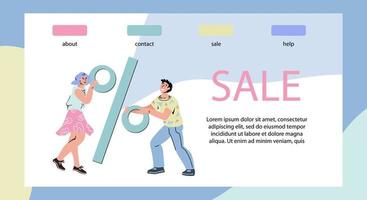 Sale and discount, special offer banner template with people cartoon characters and percent sign. Promotion landing page or advertising background for seasonal clearance, flat vector illustration.