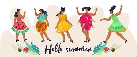 diseño de fondo de banner de verano con personajes de mujeres en trajes de frutas tropicales. fiesta en la playa y elementos de coctelería. cartel de vacaciones de vacaciones. vector
