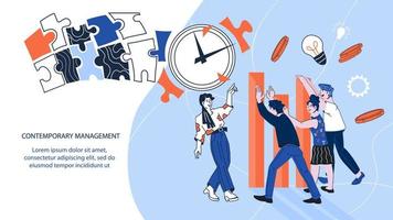 Web page template of contemporary management business technology and financial administration. Commercial marketing strategy, teamwork and time management. Cartoon vector illustration.