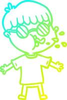 cold gradient line drawing cartoon boy wearing spectacles vector