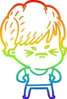 rainbow gradient line drawing cartoon frustrated woman vector