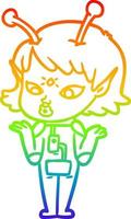 rainbow gradient line drawing pretty cartoon alien girl vector