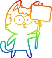 rainbow gradient line drawing happy cartoon cat with sign vector