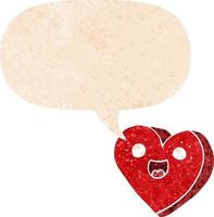 heart cartoon character and speech bubble in retro textured style vector