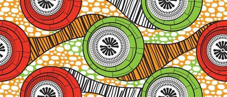 patrón tradicional africano rojo, verde y amarillo. hermoso kitenge sin costuras, estilo chitenge. diseño de moda en colorido. motivo abstracto del círculo geométrico. estampados florales de ankara, estampados de cera africana. vector