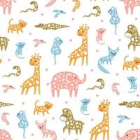 Cute seamless pattern with safari animals drawn in pastel colors vector