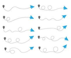 Set of Dashed Line Paper Airplane Route with Location Icon vector